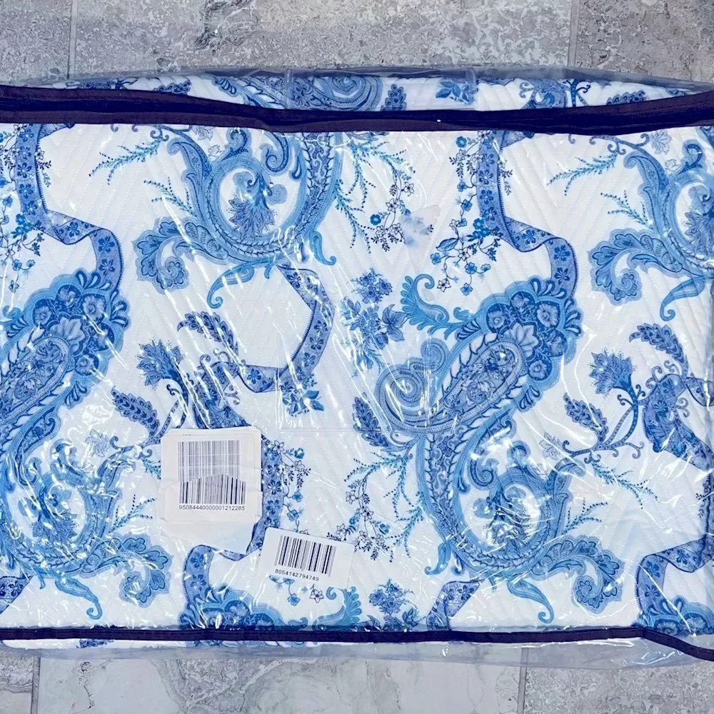 ETRO Home Loures Queen Quilted Bedspread, Paisley White & Blue, NWT